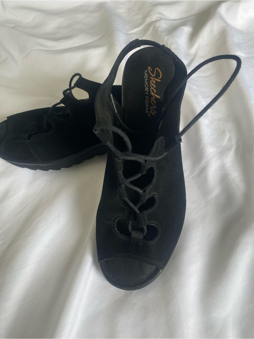 Skechers Black Lace-Up Peep Toe Slingback Wedge Mules